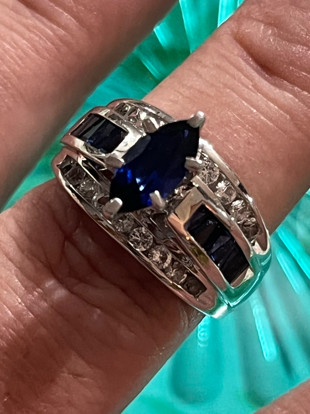 Sterling Silver 925 Lab-grown Marquise Sapphire Diamond Cocktail Ring Size 6.75